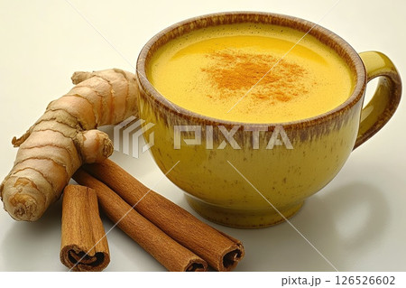 Yellow cup filled with golden turmeric latte, garnished with cinnamon and fresh ginger root 126526602