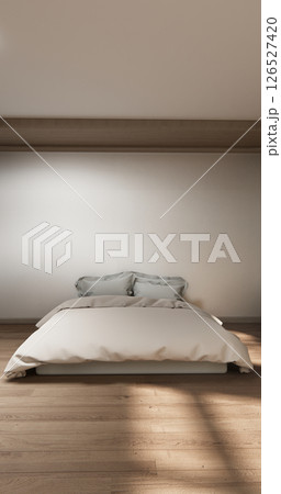Bedroom japanese minimal style.,Modern white wall and wooden floor, room minimalist. 3D rendering Bedroom japanese minimal style.,Modern white wall and wooden floor, room minimalist. 3D rendering 126527420