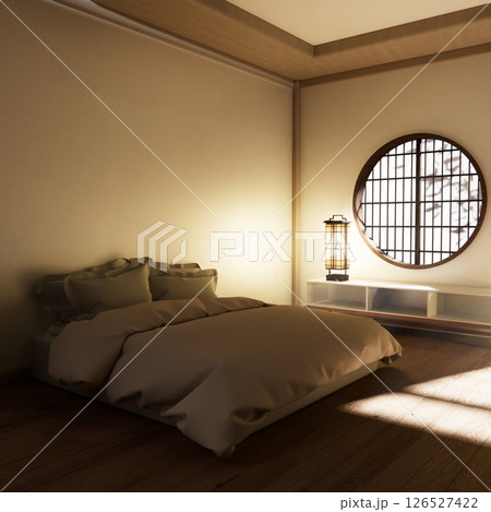 Bedroom japanese minimal style.,Modern white wall and wooden floor, room minimalist. 3D rendering Bedroom japanese minimal style.,Modern white wall and wooden floor, room minimalist. 3D rendering 126527422