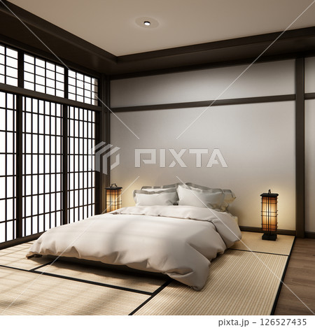 Bedroom japanese minimal style.,Modern white wall and wooden floor, room minimalist. 3D rendering Bedroom japanese minimal style.,Modern white wall and wooden floor, room minimalist. 3D rendering 126527435