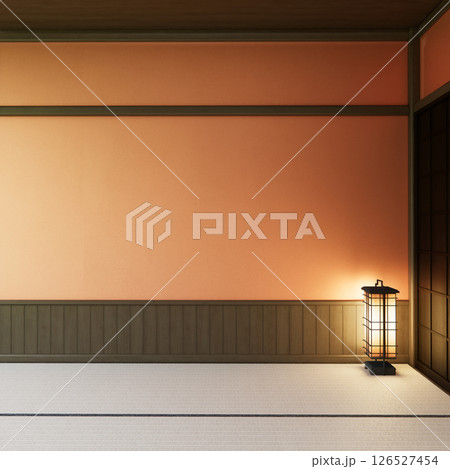 Orange Lush lava color room mockup with japan decoration on minimal living room .3D rendering 126527454