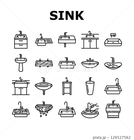 sink porcelain drain faucet icons set vector sink porcelain drain faucet icons set vector 126527562