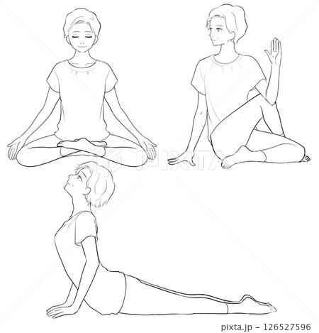 ヨガのポーズをとるシニア女性(主線のみ)イラスト1 ヨガのポーズをとるシニア女性(主線のみ)イラスト1 126527596