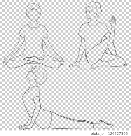 ヨガのポーズをとるシニア女性(主線のみ)イラスト1 ヨガのポーズをとるシニア女性(主線のみ)イラスト1 126527596