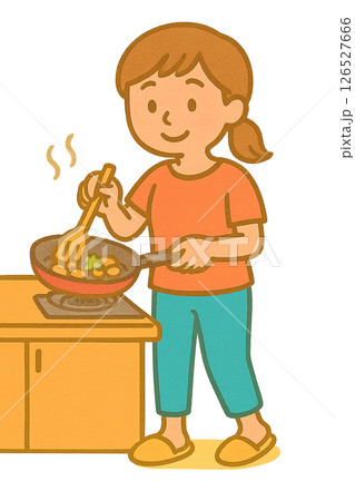 料理をしている主婦のかわいいイラスト（AI生成・ゆるかわ風） 126527666