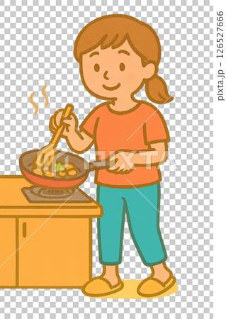 料理をしている主婦のかわいいイラスト（AI生成・ゆるかわ風） 126527666