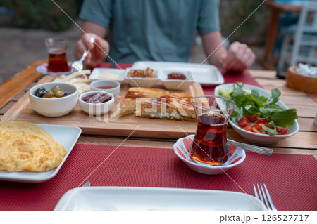 Traditional Turkish breakfast in garden near home Traditional Turkish breakfast in garden near home 126527717