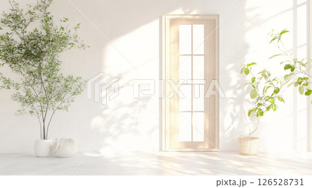 Light airy interior design featuring a door and potted plants, ideal background 126528731