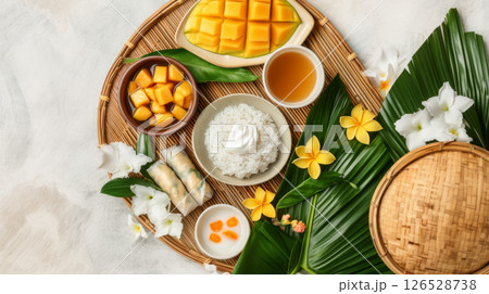 Colorful Thai cuisine including mango sticky rice, spring rolls, and curry, Songkran food background 126528738
