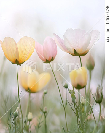Pastel-colored cosmos flowers overlapping softly, ideal for poster, print, floral background Pastel-colored cosmos flowers overlapping softly, ideal for poster, print, floral background 126528746