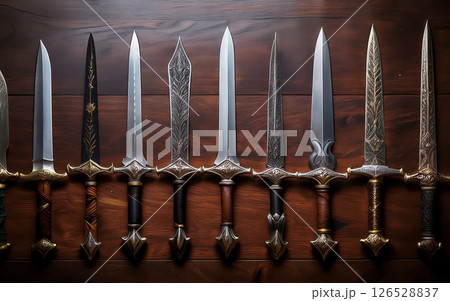 Generative AI Medieval Knives on a rack 126528837