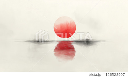 水墨画風の静寂な空間に浮かぶ日の丸と反射 水墨画風の静寂な空間に浮かぶ日の丸と反射 126528907