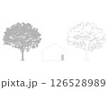 ケヤキの添景 住宅イメージ付き_シルエットとアウトラインのベクターイラスト2点セット_建築図面向け 126528989