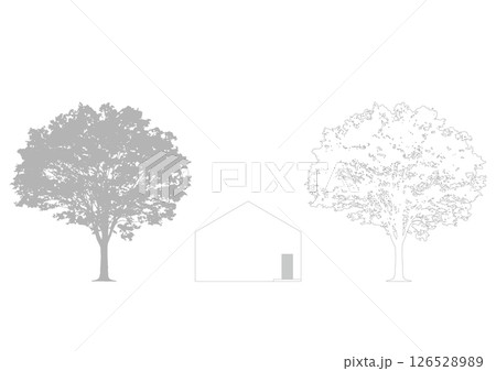 ケヤキの添景 住宅イメージ付き_シルエットとアウトラインのベクターイラスト2点セット_建築図面向け ケヤキの添景 住宅イメージ付き_シルエットとアウトラインのベクターイラスト2点セット_建築図面向け 126528989