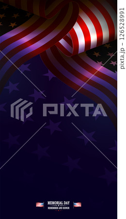 An ornate blue illustration of a wavy American flag 126528991