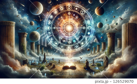宇宙と古代神殿が融合するファンタジー背景。スピリチュアル系SNS・書籍・動画のサムネイル用イラスト 126529070