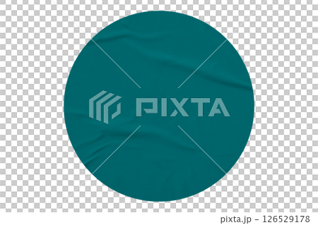 green circle sticker with crumpled edges. Wrinkled round paper isolated on transparent background. 126529178