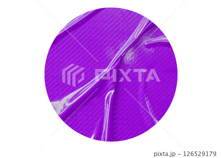 Purple circle sticker with crumpled edges. Wrinkled round paper isolated on transparent background. 126529179