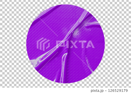 Purple circle sticker with crumpled edges. Wrinkled round paper isolated on transparent background. 126529179