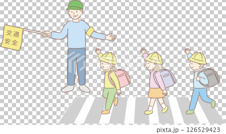 Illustration of an elementary school student looking left and right at a crosswalk ① 126529423