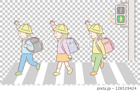 Illustration of elementary school students looking left and right at a crosswalk② 126529424