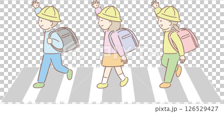 Illustration of elementary school students looking left and right at a crosswalk ⑤ 126529427