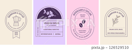 Vintage coffee label set with linear illustrations. Vector retro packaging design. Vintage coffee label set with linear illustrations. Vector retro packaging design. 126529510