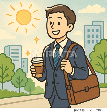 朝の出勤風景・コーヒーを片手に歩くビジネスマンのイラスト 126529888