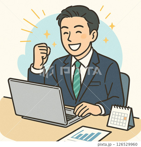 パソコンの前で成功を喜ぶ会社員・ビジネスシーン素材 126529960