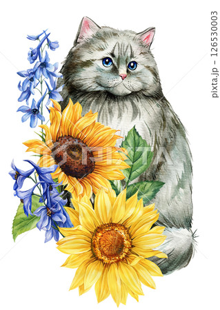 Gray Cat with Sunflowers Blue Flowers. Watercolor Floral Animal Illustration, Hand-Painted Summer Pet Art. Cute kitty 126530003