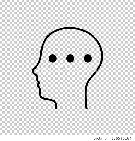 A minimalist black line drawing of a human head profile with three solid black dots representing thoughts or ideas. Suitable for conceptual art, psychology, and creativity themes 126530164