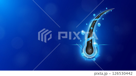 Hairs with bubbles arrow surrounding. Hair care too vitamins minerals collagen. Follicles from brittleness, damage make soft and shiny. Shampoo and salon treatment ads. Empty space for text. Vector. 126530442