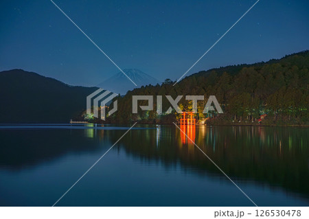 Night View of Moto Hakone with Torii Gate and Mount Fuji Night View of Moto Hakone with Torii Gate and Mount Fuji 126530478
