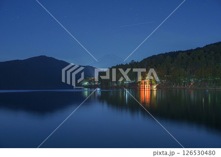 Night View of Moto Hakone with Torii Gate and Mount Fuji Night View of Moto Hakone with Torii Gate and Mount Fuji 126530480