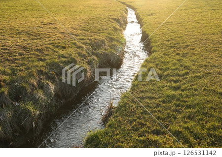 A grassy field with a small stream running through it A grassy field with a small stream running through it 126531142