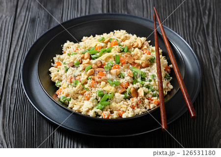 fried cauliflower rice with scrambled egg, veggies fried cauliflower rice with scrambled egg, veggies 126531180