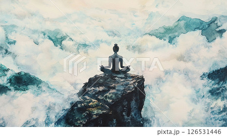 Watercolor painting of yogi meditating on mountain cliff surrounded by clouds and distant peaks, evoking calm and peace 126531446