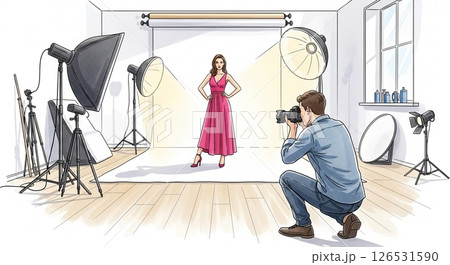 撮影スタジオでポーズを取る女性モデルとカメラマン 126531590