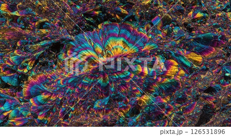 Vibrant abstract close-up of a Peacock Ore mineral with iridescent colors 126531896