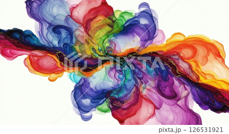 Vibrant abstract watercolor swirl of rainbow colors with golden veins flowing gracefully 126531921