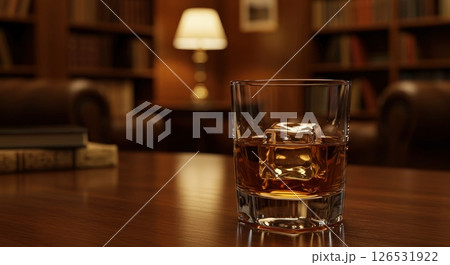 Glass of whiskey with ice cube on wooden table in classic library setting with warm lighting 126531922