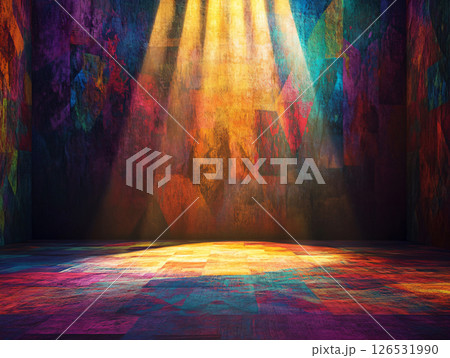 Stage spotlights. empty theater stage dramatic shadows on a backdrop of vibrant colors and abstract patterns. AI Generated. 126531990