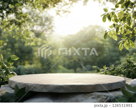 Stone podium for a product display stand. Background for natural products. AI Generated. 126531991