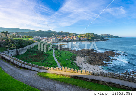 Serene Morning View of Baiona Bay and Town in Spain. 126532088