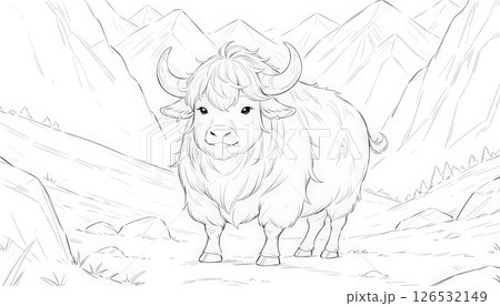 A coloring book of a yak standing in the middle of a mountainous area, highlighting its robust build and gentle demeanor in a harsh environment. 126532149