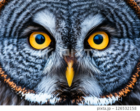Closeup of great gray owl face. ,Carnivorous bird with amber eyes. AI Generated. 126532158