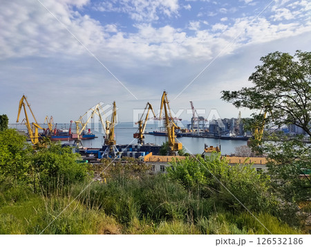 Industrial view of Odesa seaport . Odesa Marine Trade Port is the largest Ukrainian seaport and one of the largest ports in Black Sea basin 126532186