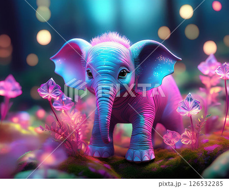 Animal elephant character for children. Fantasy cute animal. flora and fauna glow. AI Generated. 126532285