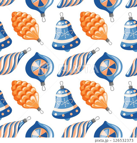 Christmas tree toys seamless pattern in cartoon style. New Year glass balls in shape of pine cone, bell. Festive xmas print on a white background. Christmas tree toys seamless pattern in cartoon style. New Year glass balls in shape of pine cone, bell. Festive xmas print on a white background. 126532373