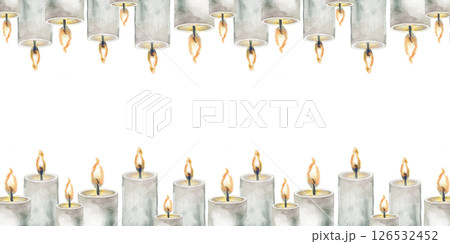 Horizontal frame with burning candles on a white background. Watercolor illustration with gray candles. Empty space for insertion. Suitable for Halloween or other holiday. Mysticism. 126532452